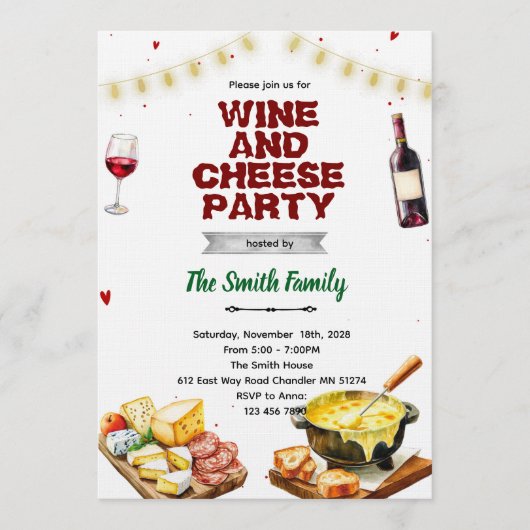 Fondue cheese wine party invitation einladung (Vorderseite)