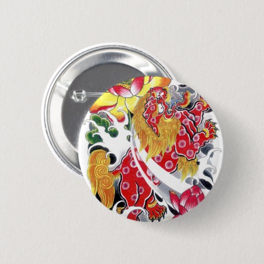 Foo Dog & Lotus Tattoo Design Button (Vorne & Hinten)
