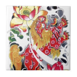 Foo Dog & Lotus Tattoo Design Fliese