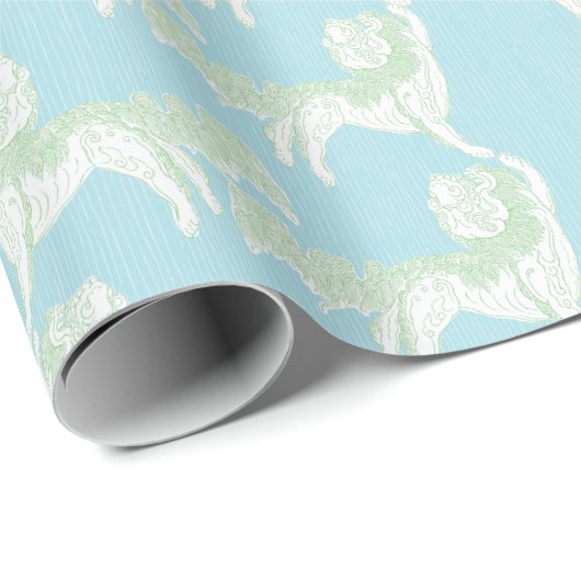 Foo Dog Waltz in Green and Aqua Geschenkpapier (Rolleneckpunkt)