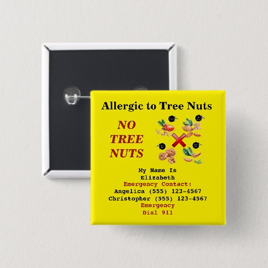 Food Allergic Alert Tree Nut Yellow Label Button (Vorne & Hinten)
