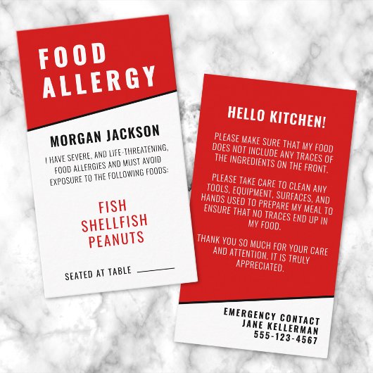 Food Allergy Kitchen Safety Card Visitenkarte