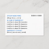 Food Allergy Restaurant & ICE Card Telefonnummerkarte (Rückseite)