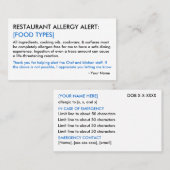 Food Allergy Restaurant & ICE Card Telefonnummerkarte (Vorne/Hinten)