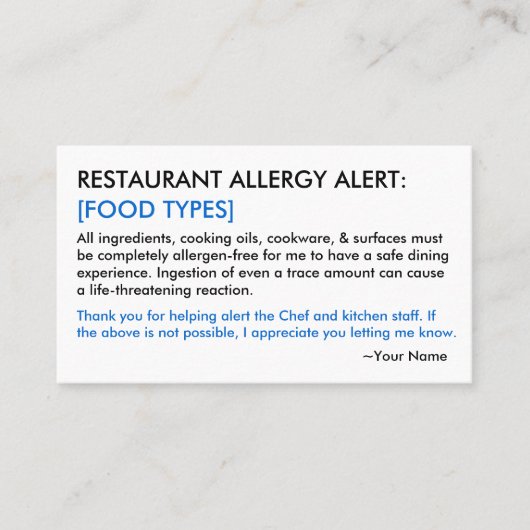 Food Allergy Restaurant & ICE Card Telefonnummerkarte (Vorderseite)