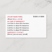 Food Allergy Restaurant & ICE Card Telefonnummerkarte (Rückseite)