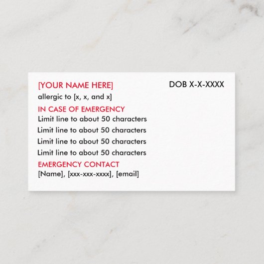 Food Allergy Restaurant & ICE Card Telefonnummerkarte (Rückseite)
