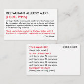 Food Allergy Restaurant & ICE Card Telefonnummerkarte (Vorne/Hinten)