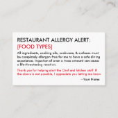 Food Allergy Restaurant & ICE Card Telefonnummerkarte (Vorderseite)