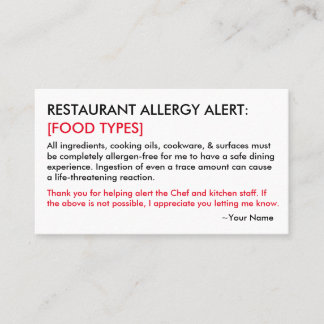 Food Allergy Restaurant & ICE Card Telefonnummerkarte