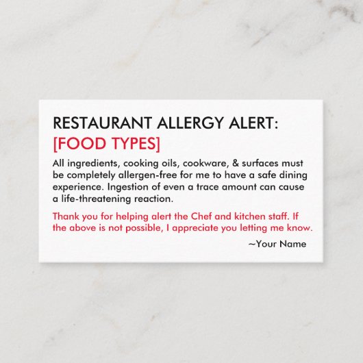 Food Allergy Restaurant & ICE Card Telefonnummerkarte (Vorderseite)
