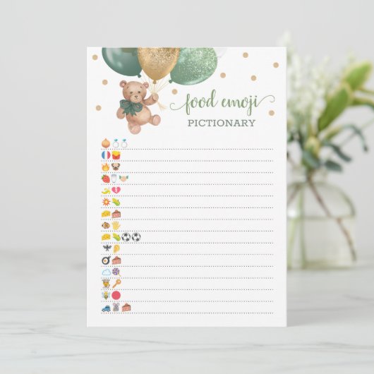 Food Emoji Pictionary game Sage Teddy Bear Card Einladung (Stehend Vorderseite)