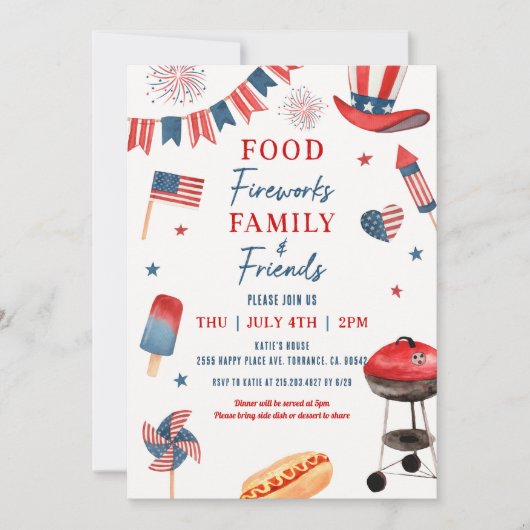 Food Fireworks Family and Friends 4. Juli GRILLEN Einladung (Vorderseite)