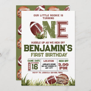 Football 1st Year Down Football BIrthday Party Einladung