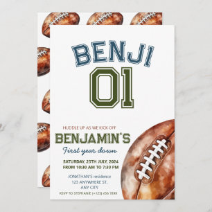 Football 1st Year Down Football BIrthday Party Einladung