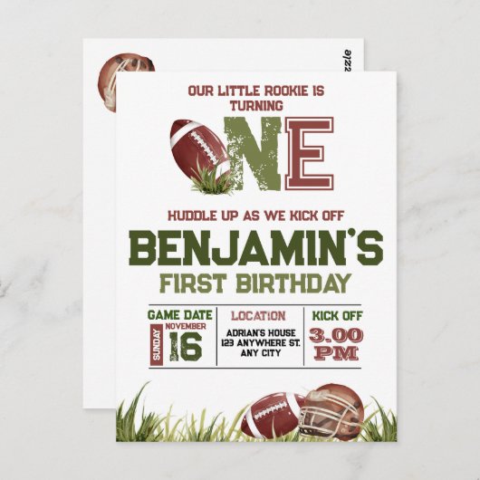 Football 1st Year Down Football BIrthday Party Postkarte (Vorne/Hinten)