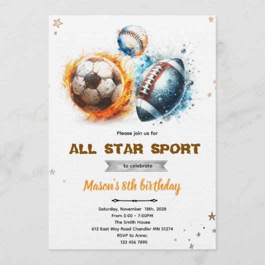 Football baseball and soccer party Invitation Einladung (Vorderseite)
