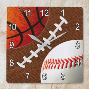 Football, Basketball Baseball Sports Wall Clock Quadratische Wanduhr