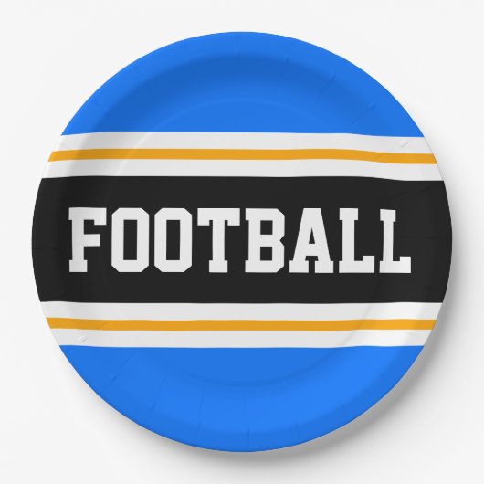 FOOTBALL Bright Blau Schwarz-weiß Gelbe Streifen Pappteller (Vorderseite)