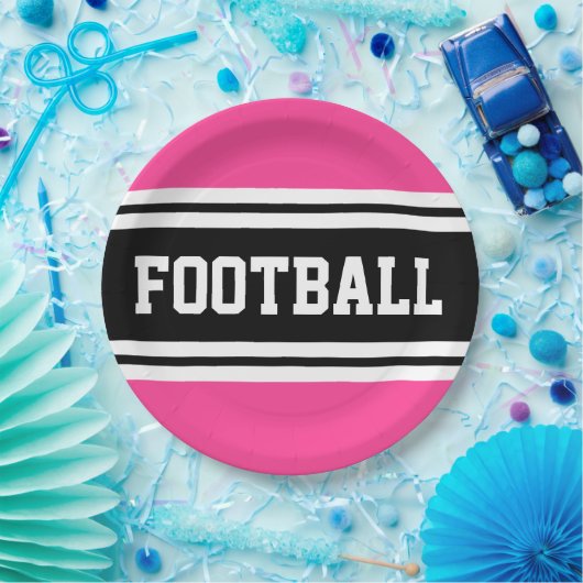 FOOTBALL Bright Pink Schwarz-weiß Racing Streifen Pappteller (Party)