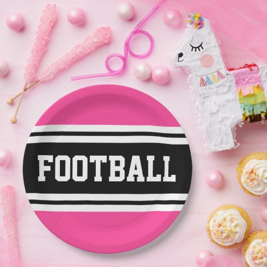 FOOTBALL Bright Pink Schwarz-weiß Racing Streifen Pappteller (Party)