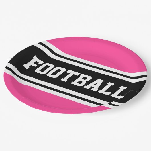 FOOTBALL Bright Pink Schwarz-weiß Racing Streifen Pappteller (Schrägansicht)
