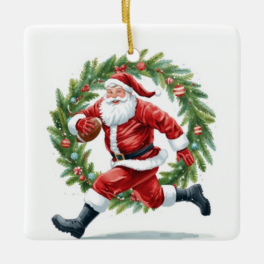 Football Christmas with Santa Claus Keramikornament (Vorderseite)
