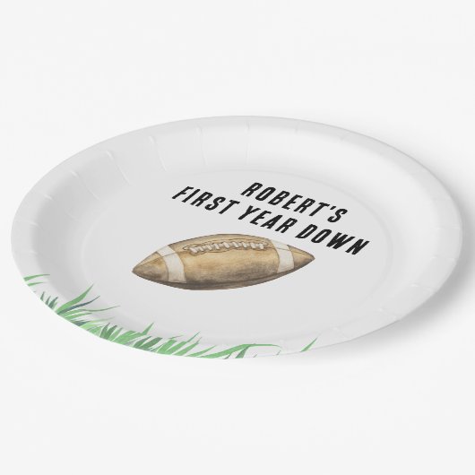 Football First Year Down Birthday Party Pappteller (Schrägansicht)