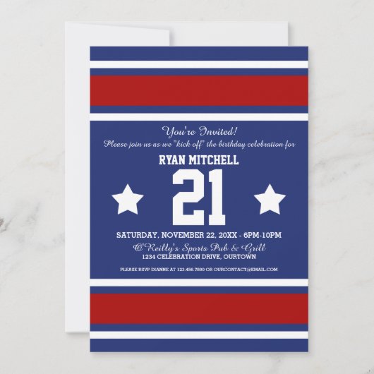 Football Jersey Blue|Rote Party Einladungen (Vorderseite)