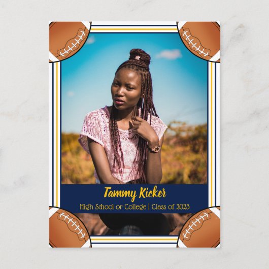 Football Navy & Gold Abschluss Ankündigungspostkarte (Vorderseite)