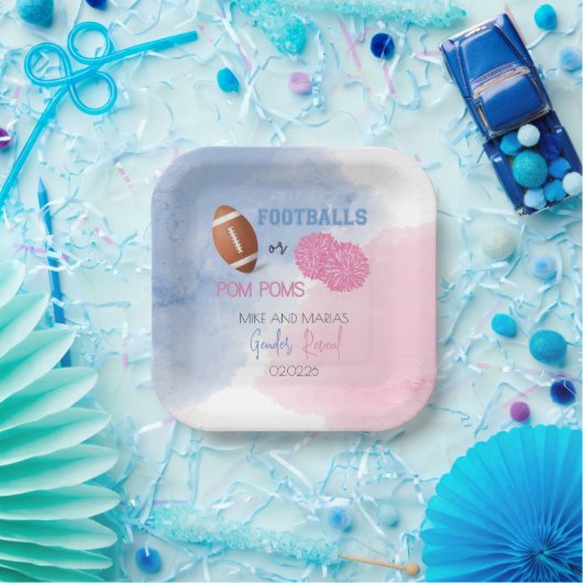 Football oder Pom Poms Geschlecht enthüllt Teller (Party)