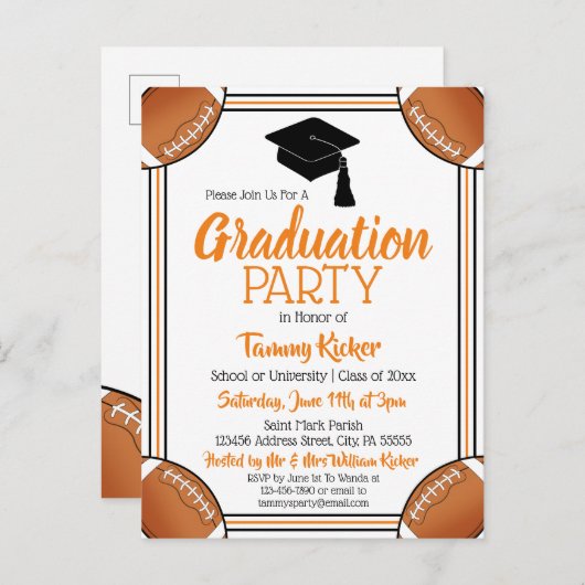 Football Orange & Black Graduation Party Einladungspostkarte (Vorne/Hinten)