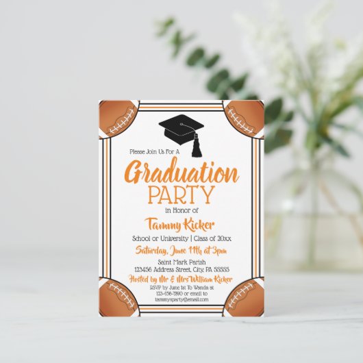 Football Orange & Black Graduation Party Einladungspostkarte (Stehend Vorderseite)