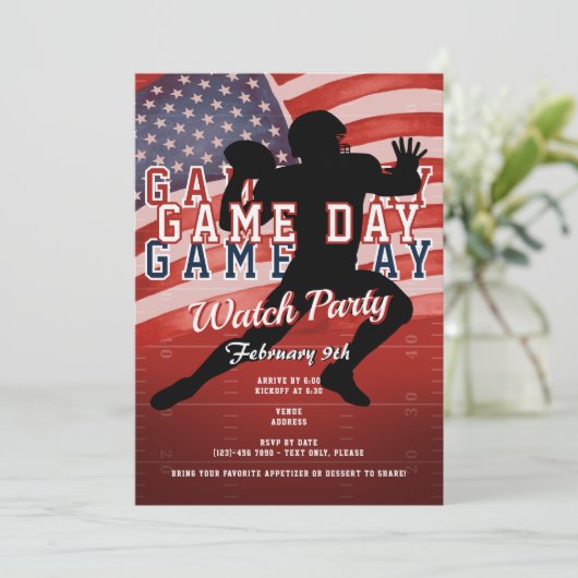 Football Patriotic Red Game Day Sports Watch Party Einladung (Stehend Vorderseite)