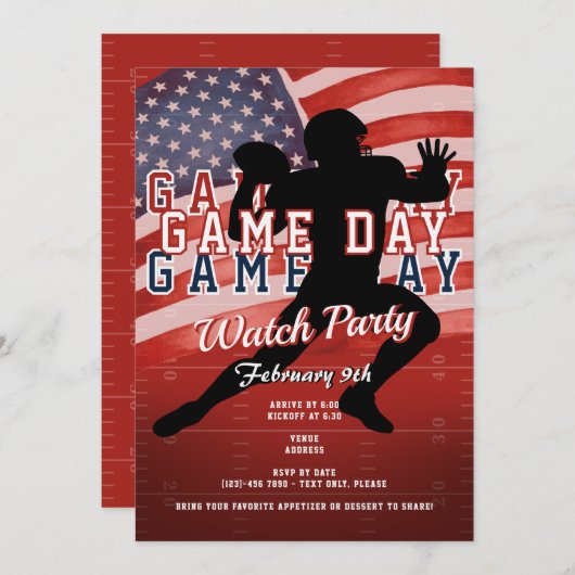 Football Patriotic Red Game Day Sports Watch Party Einladung (Vorne/Hinten)