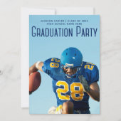Football Player Foto Blue Script Graduation Party Einladung (Vorderseite)
