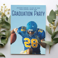 Football Player Foto Blue Script Graduation Party
