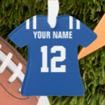 Football Royal Blue & White Jersey Ornament<br><div class="desc">Geben Sie dem ultimativen Ventilator das ultimative Ornament,  personalisiert mit ihrem Namen und ihrer Nummer. Der Rücken ist als Sake für jahrelangen Genuss vollkommen anpassbar!</div>