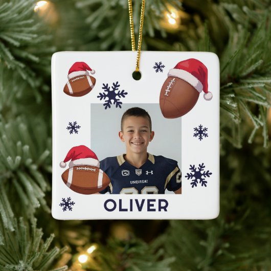 Football Santa Hat Name Photo Christmas Keramikornament (Baum)