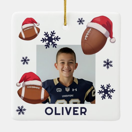 Football Santa Hat Name Photo Christmas Keramikornament (Rückseite)