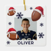 Football Santa Hat Name Photo Christmas Keramikornament (Vorderseite)
