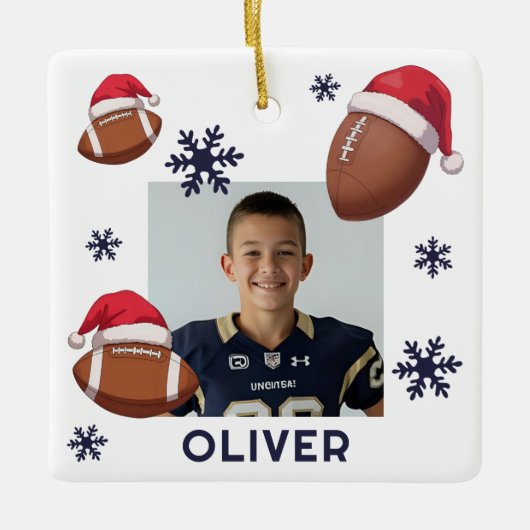 Football Santa Hat Name Photo Christmas Keramikornament (Vorderseite)