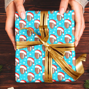 Footballs Santa's Hat & Snowflakes Aqua Geschenkpapier