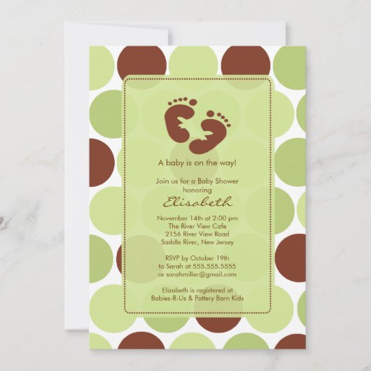 Footprint Baby Shower Einladung Green Polka Dots (Vorderseite)