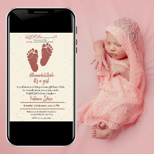 Footprint Pink Baby Girl Muslim Aqiqah Aqeeqa Einladung