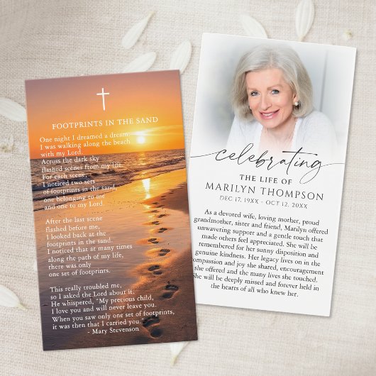 Footprints In The Sand Photo Memorial Prayer Card