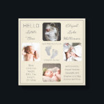 Footprints Mehrere Fotos Greige Birth Keepake Leinwanddruck<br><div class="desc">Mit diesem "Hello Little One"-4-Foto-Design, das den Namen Ihres Babys, die Geburtenstatistik, die Namen der Eltern und Geschwister enthält, erstellen Sie einen so einzigartigen Geburts-Sake wie Ihr wertvolles Kind. In der Mitte befinden sich zwei Vorlagenzeilen für Ihre persönliche Nachricht oder Sie können unsere verwenden. Diese Nachricht ist oben und unten...</div>