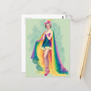 Fop-Frau in einem Regenbogenumhang Postkarte
