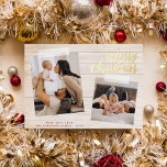 Fop Snapshot Christmas Two Foto Holiday Card Folien Feiertagskarte<br><div class="desc">Fügen Sie Ihren Weihnachtskarten Glanz mit echter Goldfolie, Silber oder Rose! Dieser klassische und zeitlose Metallic-Stil wird Ihre Karten um ein weiteres Level erweitern. Personalisieren Sie Ihre Lieblings-Fotos, Weihnachtsgrüße und Ihren Familiennamen! Die Vorderseite dieser Karte hat einen Hintergrund aus rustikalem Holz, es gibt zwei Fotos mit Streifen von Band, um...</div>