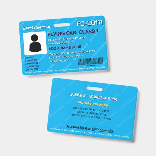 For Display Only Flying Car License Badge Ausweis (Vorder- & Rückseite)